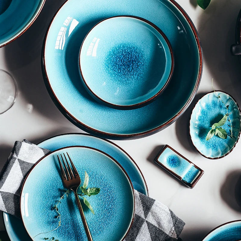 KINGLANG Blue Ice Glaze Ceramic Tableware – Plates & Bowls Set