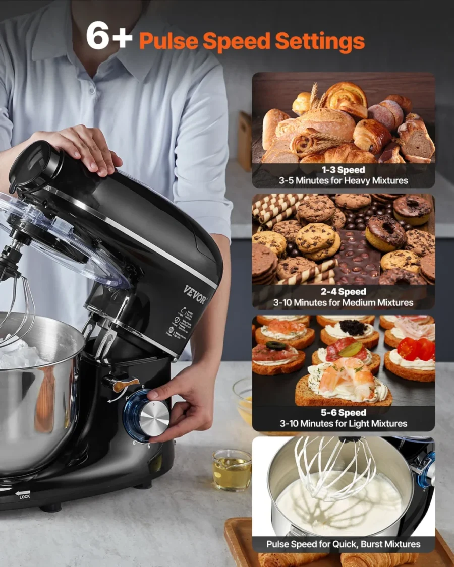 VEVOR 3-in-1 Stand Mixer – 6QT, 660W, Tilt-Head, 6+P Speeds - Image 3