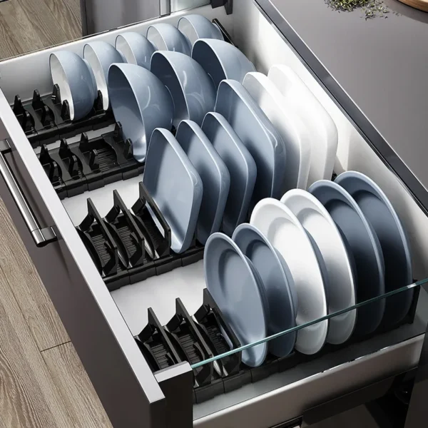 Retractable Under Cabinet Dish Rack – Adjustable Storage Shelf for Kitchen Bowls & Plates