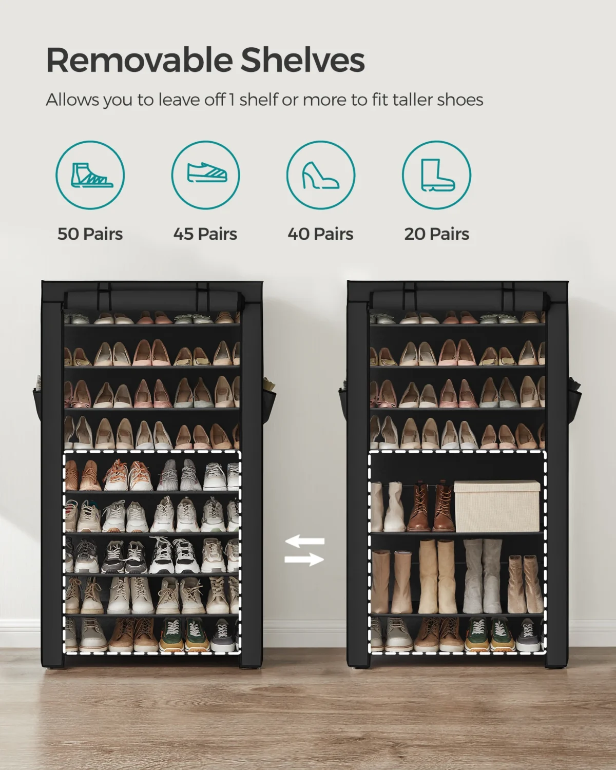 SONGMICS 9-Tier Shoe Rack with Cover – Holds 40–50 Pairs - Image 3