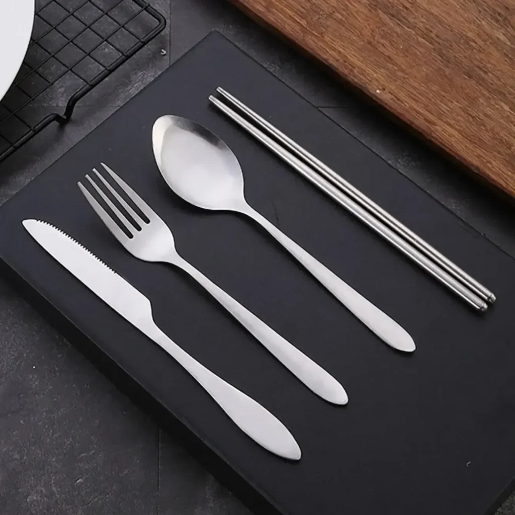 4Pcs Stainless Steel Travel Cutlery Set with Case – Spoon, Fork, Chopsticks, Knife - Image 2