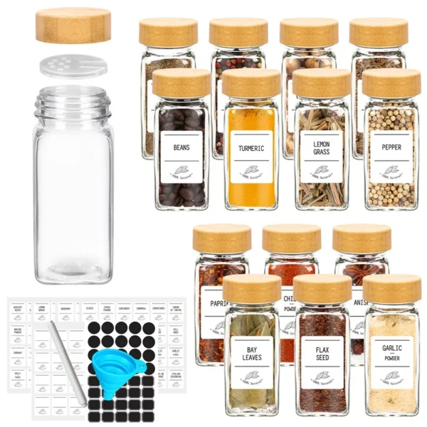 12 Pcs Glass Spice Jars with Bamboo Lids & Labels