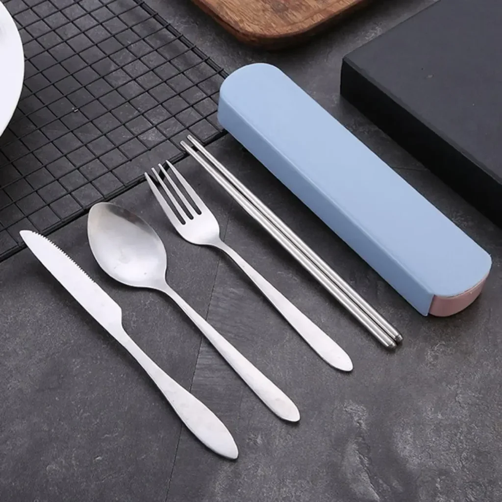 4Pcs Stainless Steel Travel Cutlery Set with Case – Spoon, Fork, Chopsticks, Knife