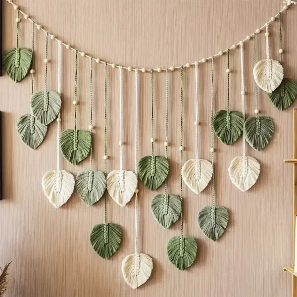 Boho Macrame Leaf Wall Hanging – Feather Tapestry Home Decor for Living Room or Bedroom