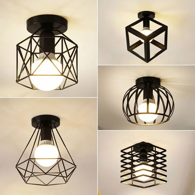 Vintage E27 Ceiling Lamp Black Metal Cage Light for Corridor Aisle