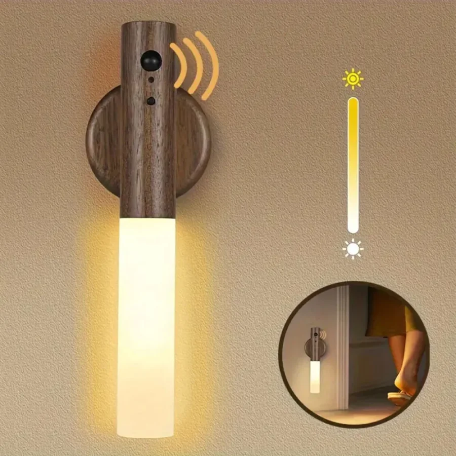 Motion Sensor Rechargeable Wall Light – Wooden LED Night Lamp - Image 2