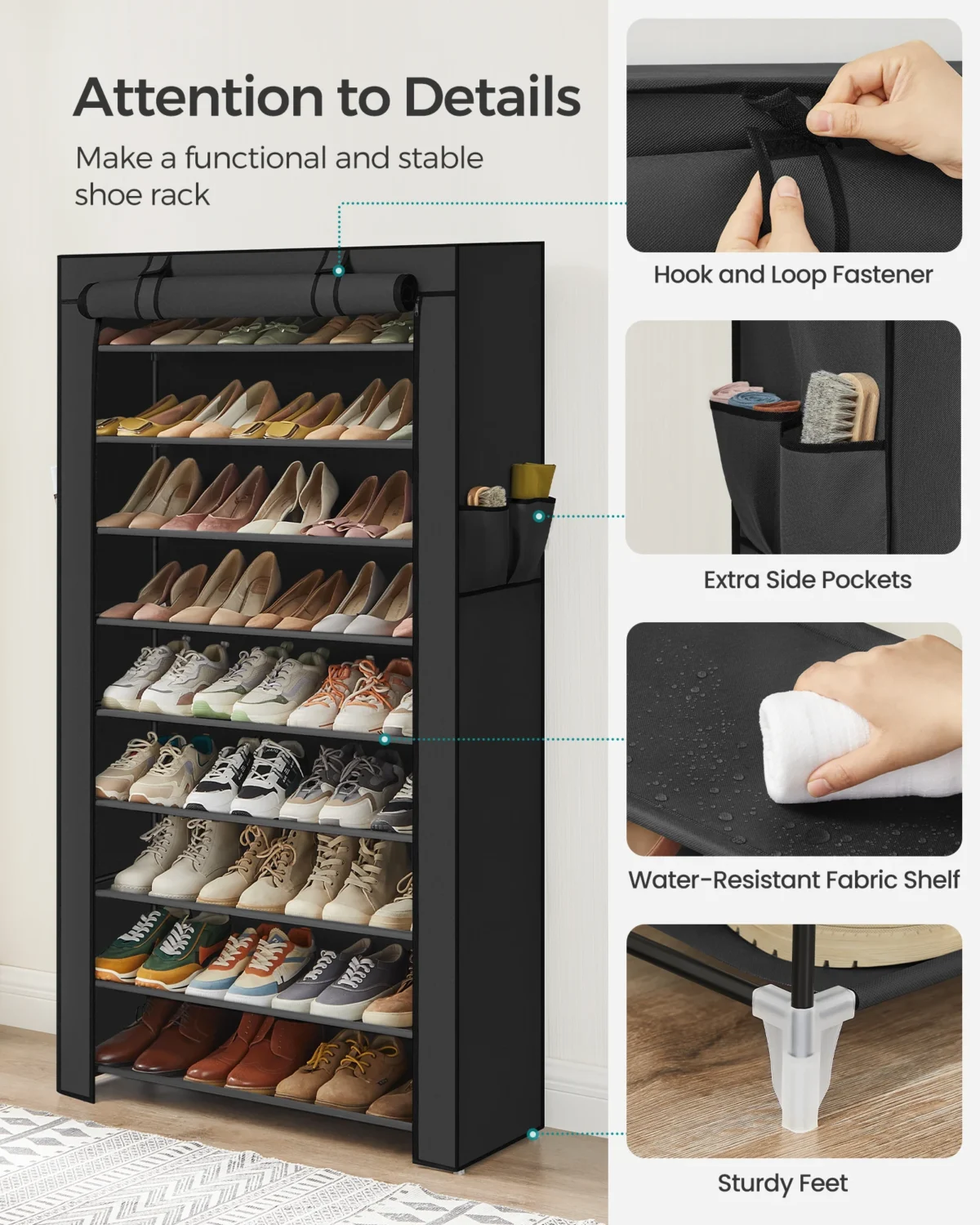 SONGMICS 9-Tier Shoe Rack with Cover – Holds 40–50 Pairs - Image 4