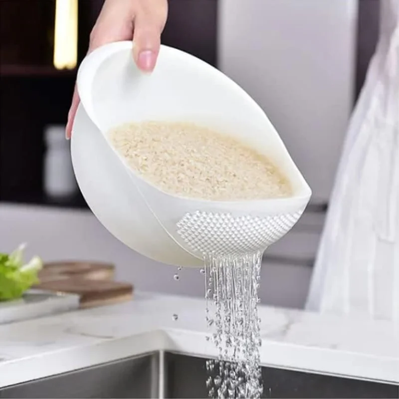 Multifunctional Rice Washer & Strainer Bowl – Plastic, Green/Pink