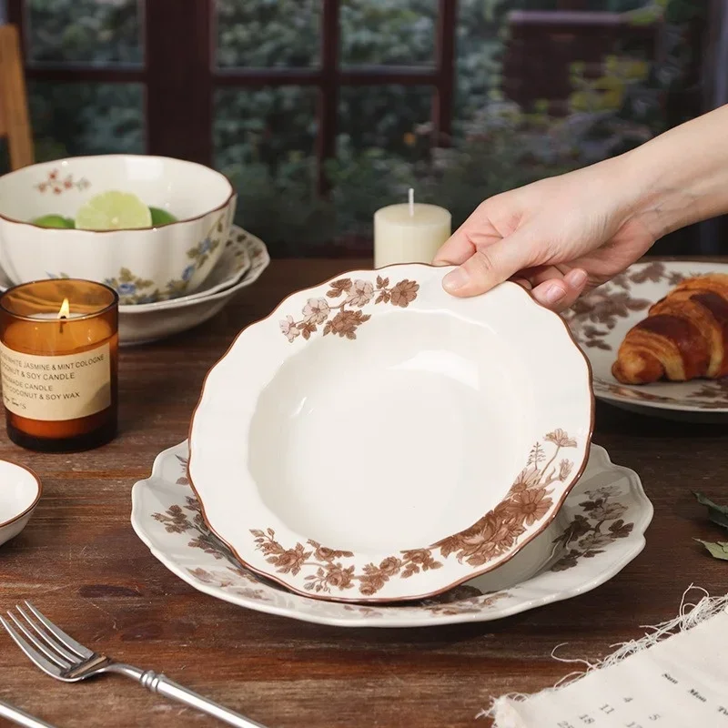 Retro Ceramic Tableware Set Rose Pattern Vintage Dinner Plates Bowls