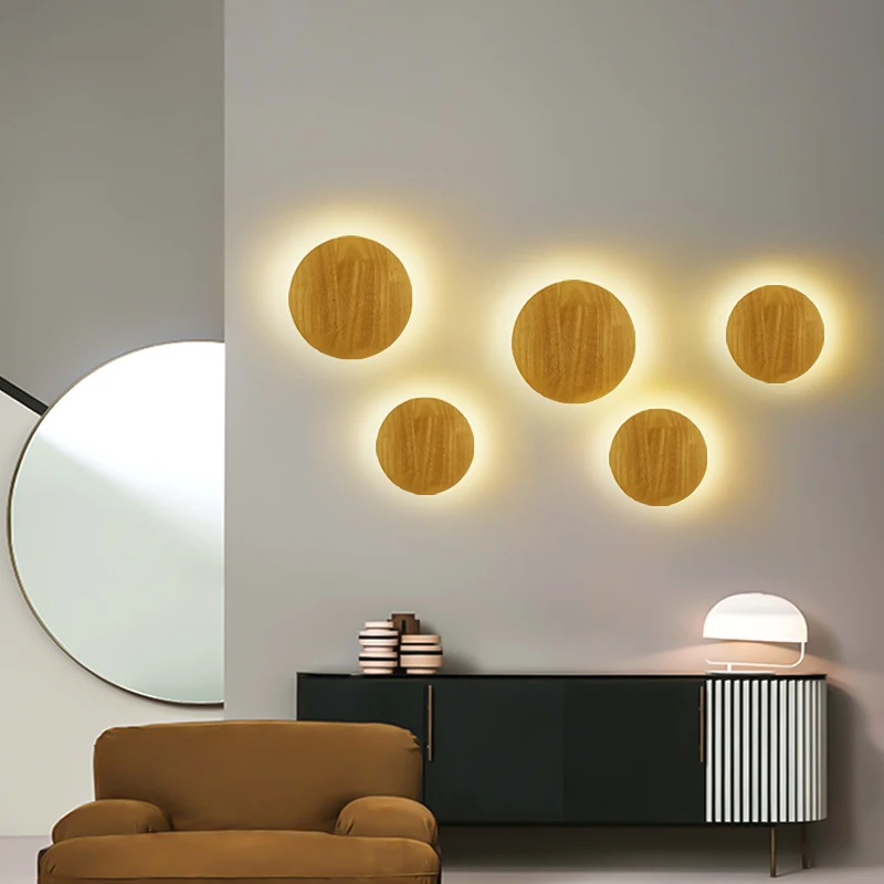 Nordic LED Wooden Wall Light – Modern Circular Bedside & Stair Lamp