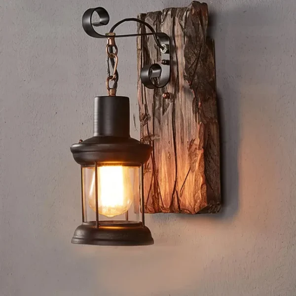 Rustic Wood & Iron Wall Sconce – Industrial Vintage Lamp for Bar or Corridor
